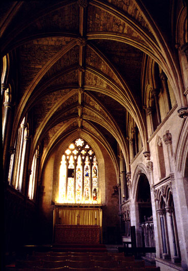 The eastern end of the Cathedral, especially the Choir, gives Bristol Cathedral a unique place in the development of British and European architecture. The Nave, Choir and Aisles are all of the same height, making a large hall. Bristol Cathedral is the major example of a 'hall church' in Great Britain and one of the finest anywhere in the world.