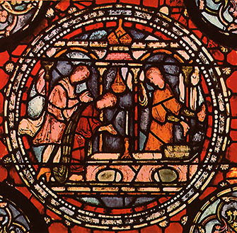 From the Corona, this 13th-century glass shows pilgrims praying at the old shrine of St. Thomas in the crypt, before his relics were translated to the much more opulent shrine in the Trinity Chapel (1220).     Two events occurring in 1170 and 1174 laid the foundations of what today is regarded as one of the most important stained glass collections of the late 12th century in the world....